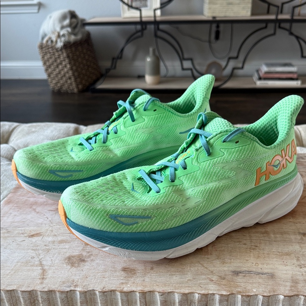 Hoka Men’s 13 D Clifton 9 Lime Green Sneakers with Orange Accents